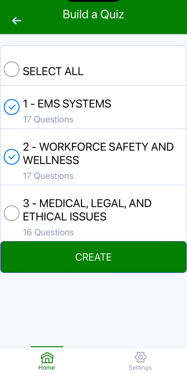 EMT Tutor app: build a quiz from chosen chapters and a question count