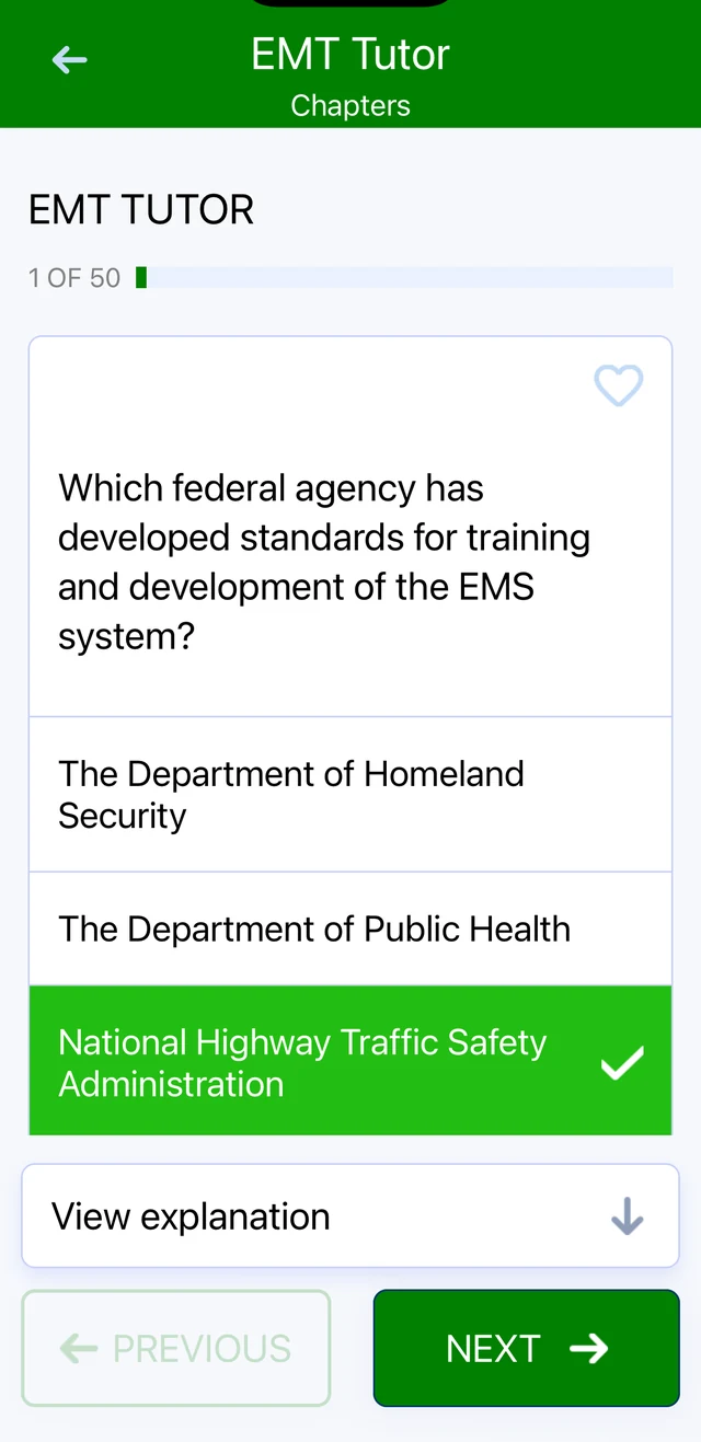 EMT Tutor app: a chapter quiz question on initial assessment with the answer selected