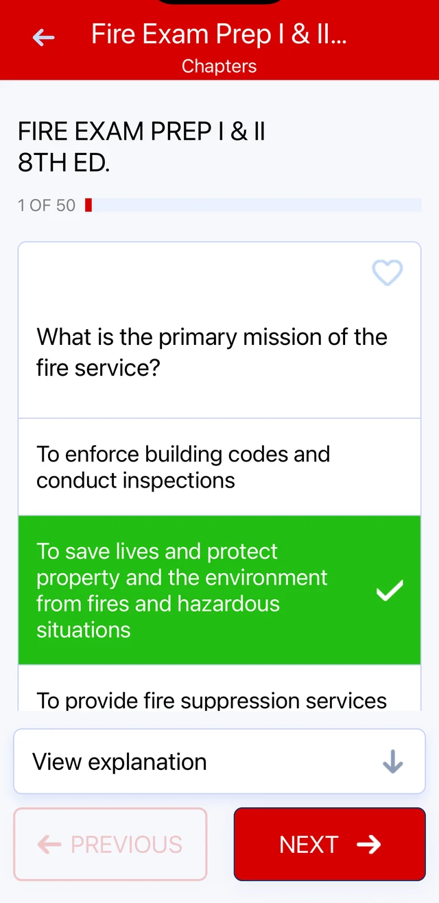 Fire Exam Prep app: a chapter quiz question on ropes and knots with the answer selected